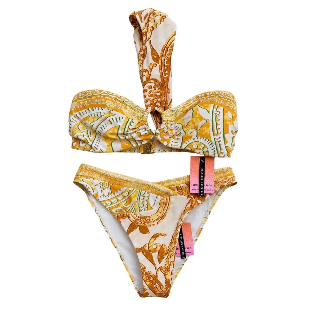 NWT River Island Yellow Paisley Bandeau Bikini Set US 10 Halter Boho Swimsuit